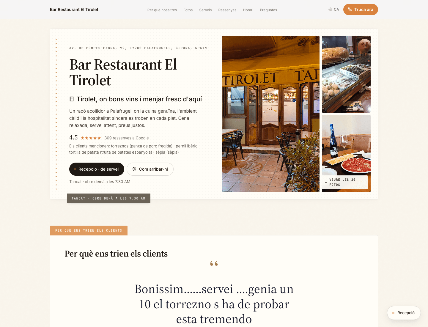 Live preview of tirolet.kordial.ai — a real Kordial business page showing the hero, gallery, and reviews intelligence in action.
