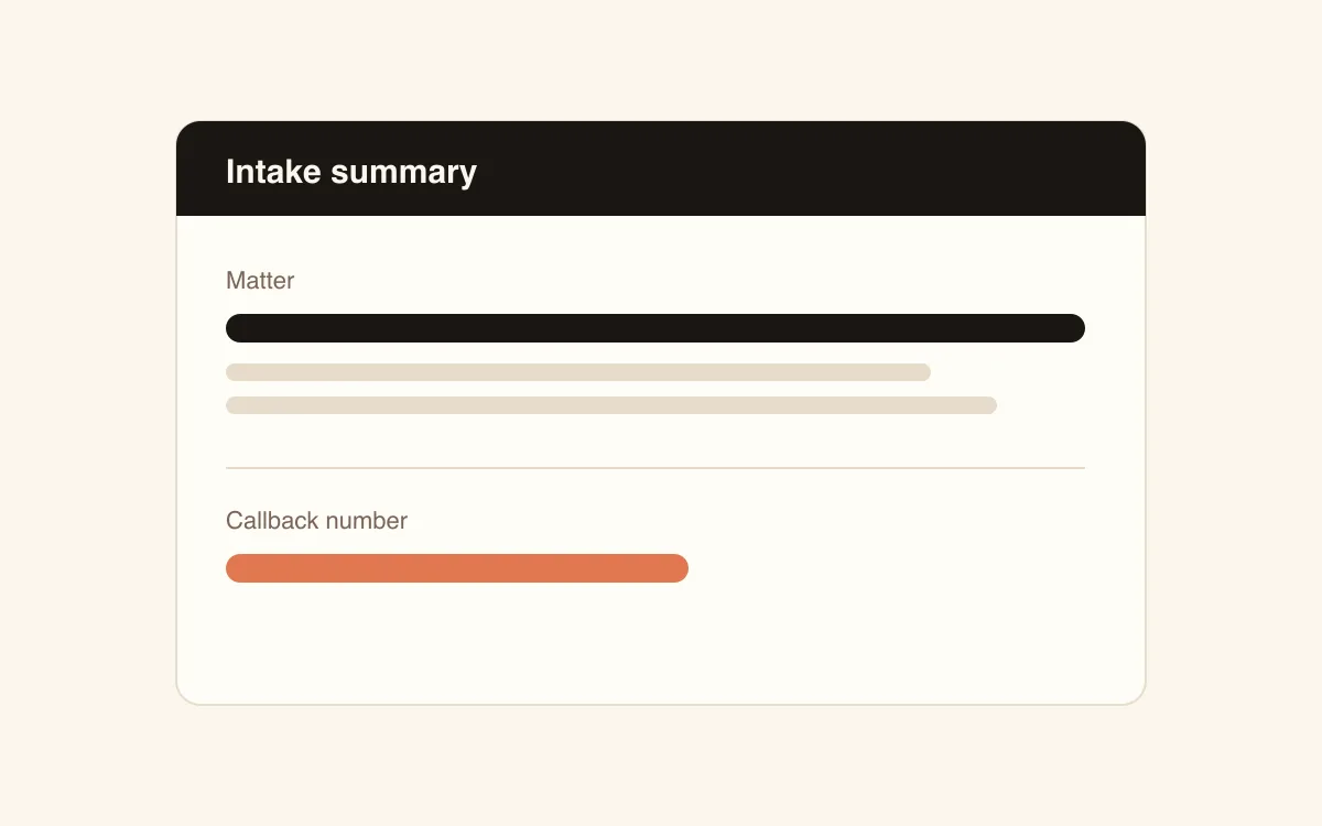 AI receptionist for law firms: an intake summary with the matter and callback number